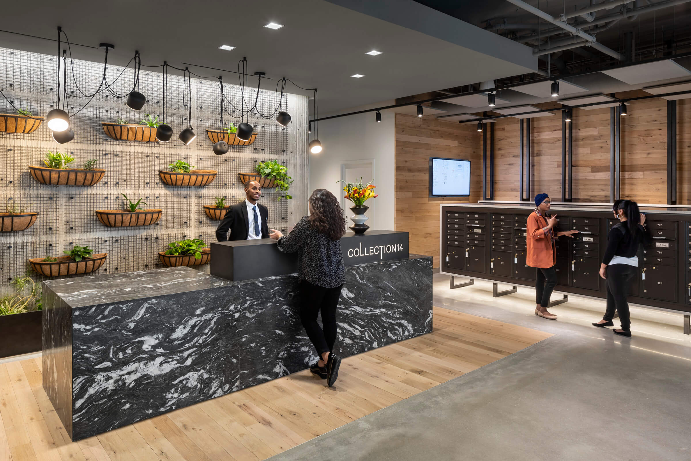 Green living wall of planters behind desk.