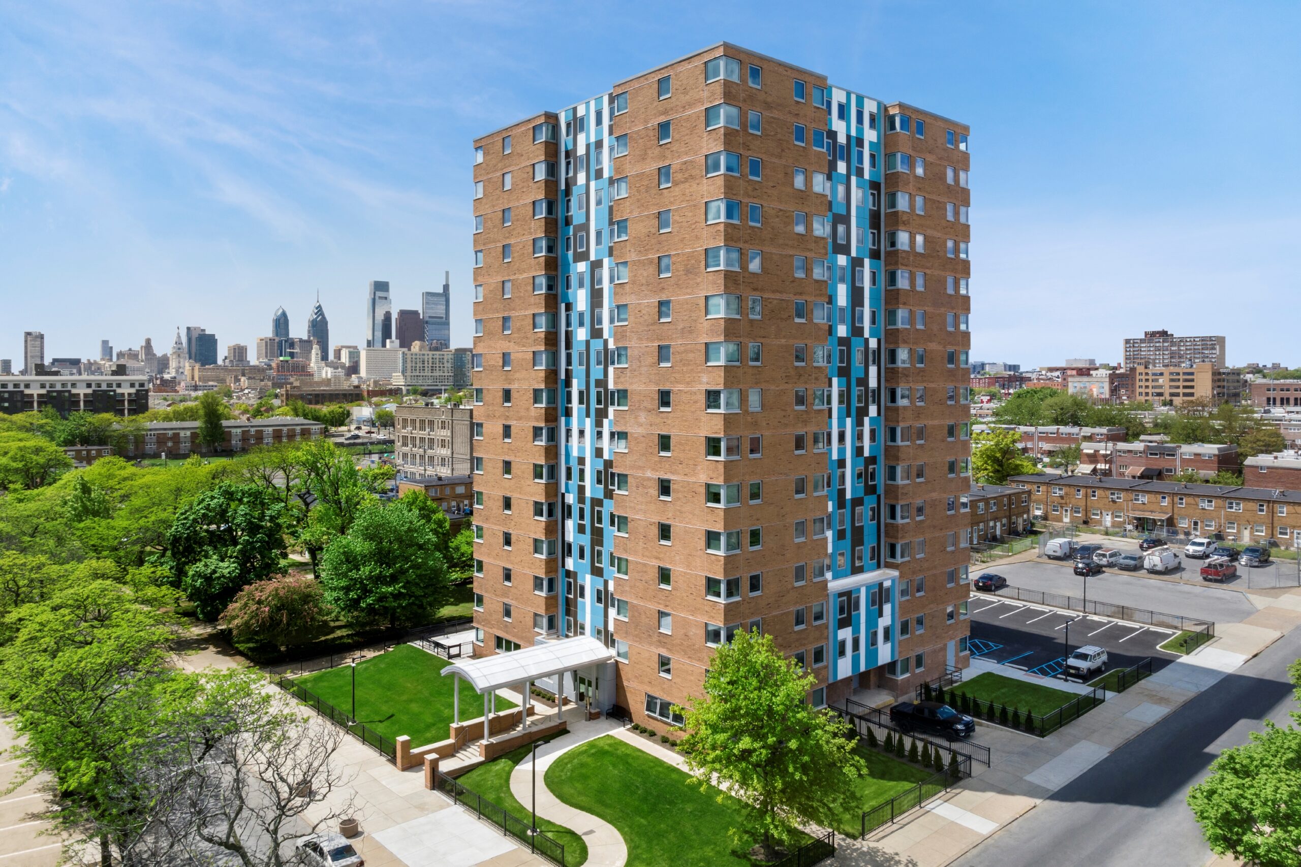 Wide corner view of Harrison Plaza