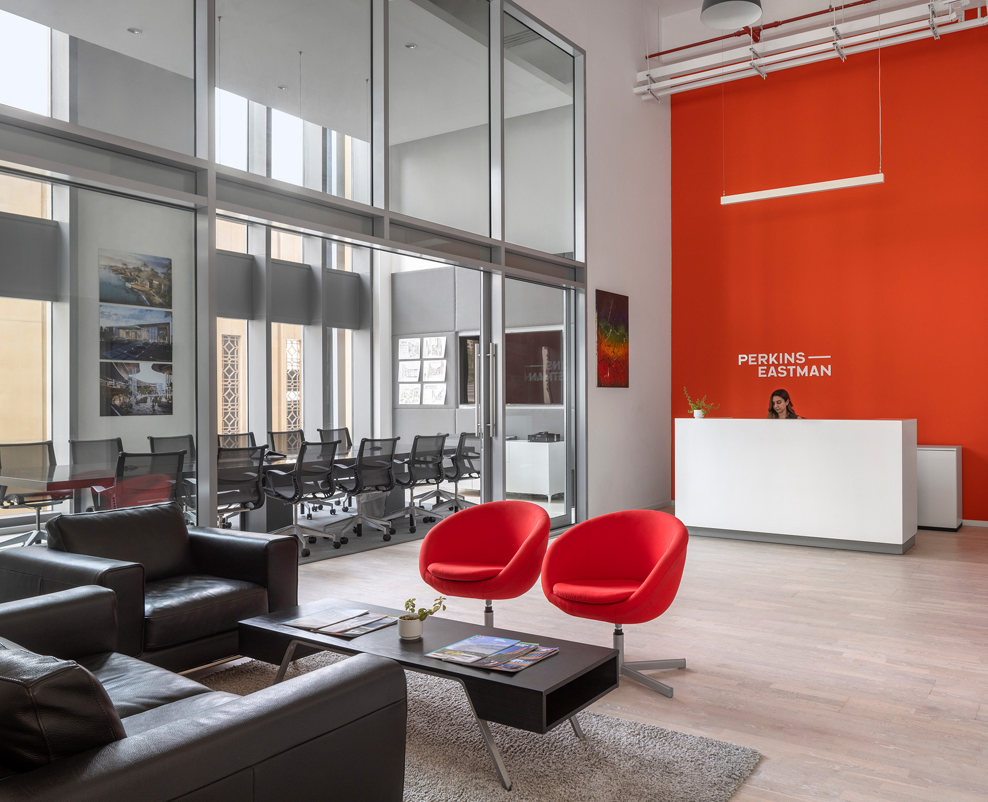 Image of the lobby of Perkins Eastman's Dubai studio