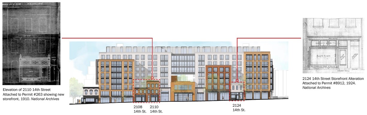 Elevation of 2110 14th Street Attached to Permit #263 showing new storefront, 1910. National Archives. 2124 14th Street Alteration Attached to Permit #8912, 1924. National Archives